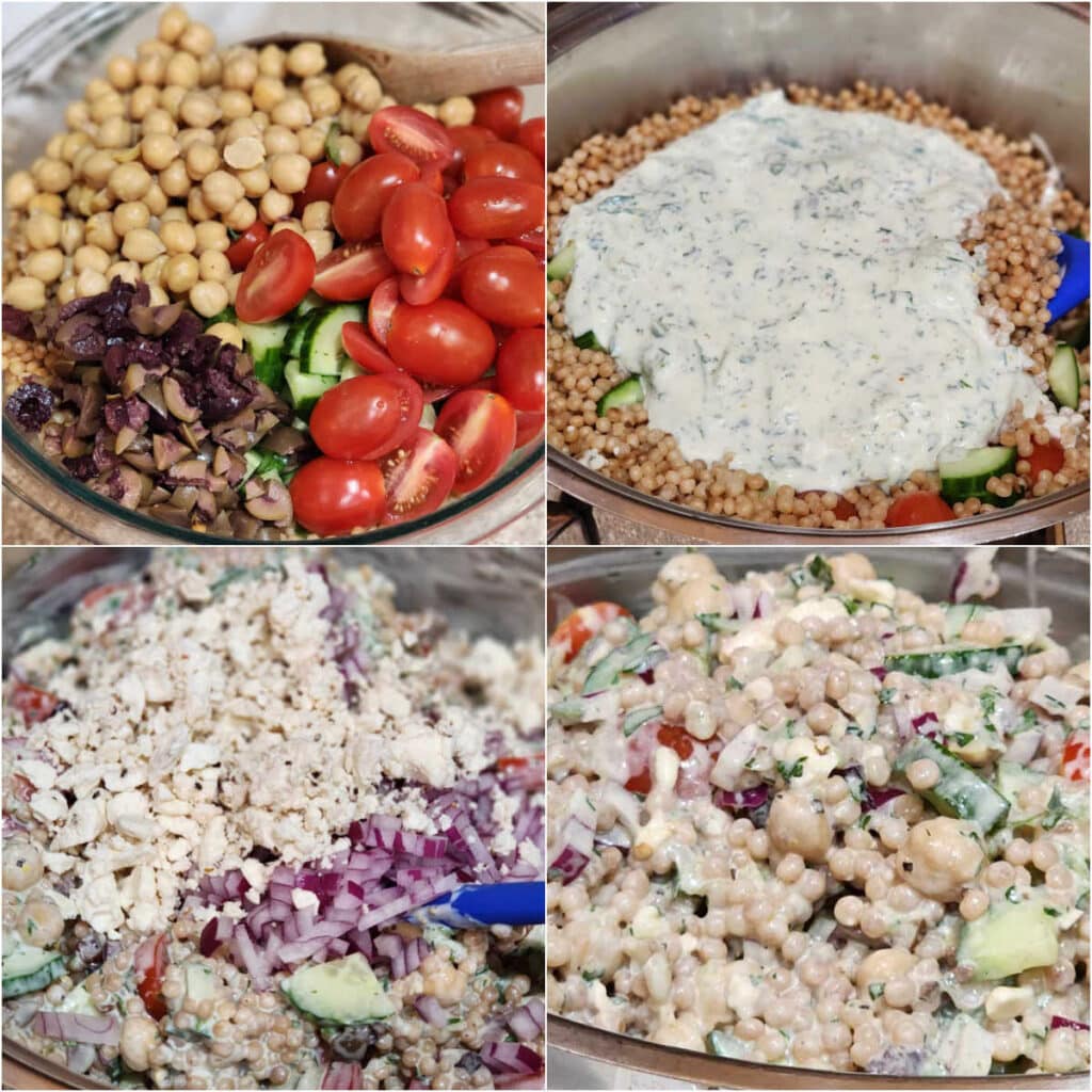 A collage of 4 images, all close-up. 1)Rinsed chickpeas, halved grape tomatoes, quarter moons of cucumber, and minced Greek olives in a bowl. 2)Tatakiki sauce poured over the vegetables. 3)The salad mixed up with crumbled feta and finely diced red onion on top. 4)The finished salad mixed together ready to be chilled.