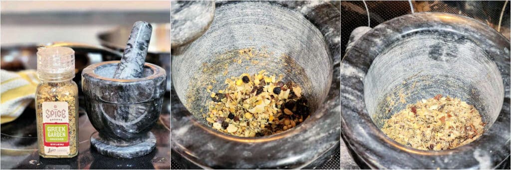 A collage of 3 images. 1) A small, black stone mortar with a pestle in it next to a grinder jar of Greek seasoning mix. 2) The seasoning mix in the mortar. 3)The mix, noticeably finer, after a minute or so of grinding with the pestle.