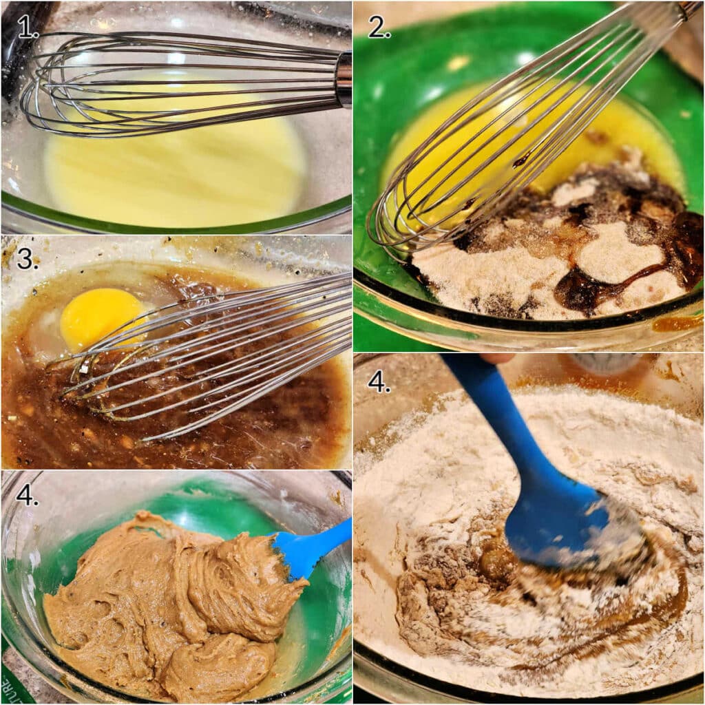 A collage of 5 images showing how to make the dough for ginger cookies. 1)Metled butter in a glass bowl with a whisk in it. 2)The same bowl with spiced sugar, molasses, and honey added. 3)Whisking the egg into the batter. 4)Stirring flour into the batter with a blue spatula. 5)The finished, soft cookie dough ready to be refrigerated.