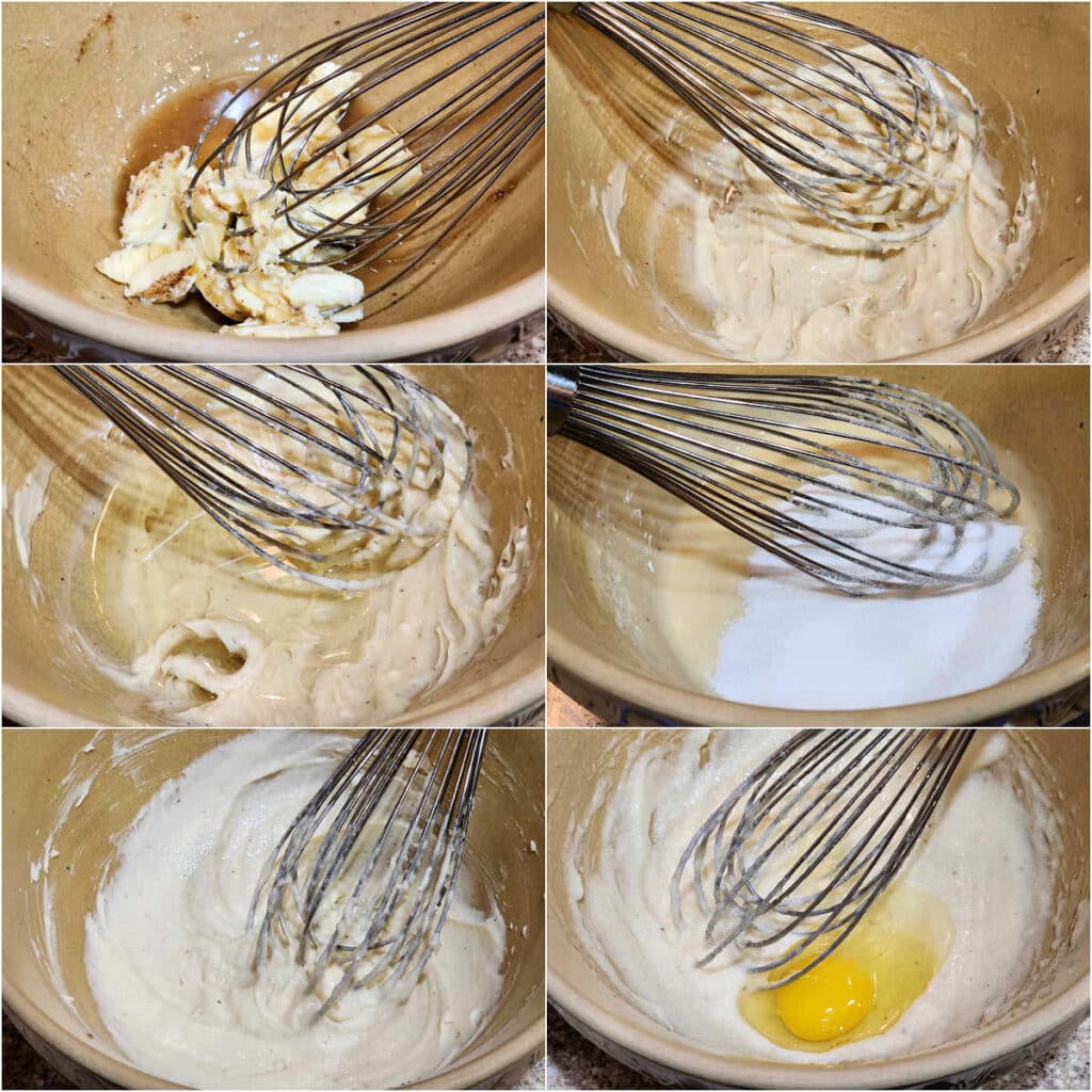 A collage of 6 images, all featuring a close up of a bowl and a whisk and showing the steps to make cookie dough by hand. 1)Bits of butter in the bowl with vanilla. 2)The butter whipped until light and smooth. 3)Adding vegetable oil to the bowl. 4)Adding sugar to the bowl. 5)The whisked mixture after whipping in the oil and sugar. The dough is a pale, cream color. 6)Adding egg to the dough.