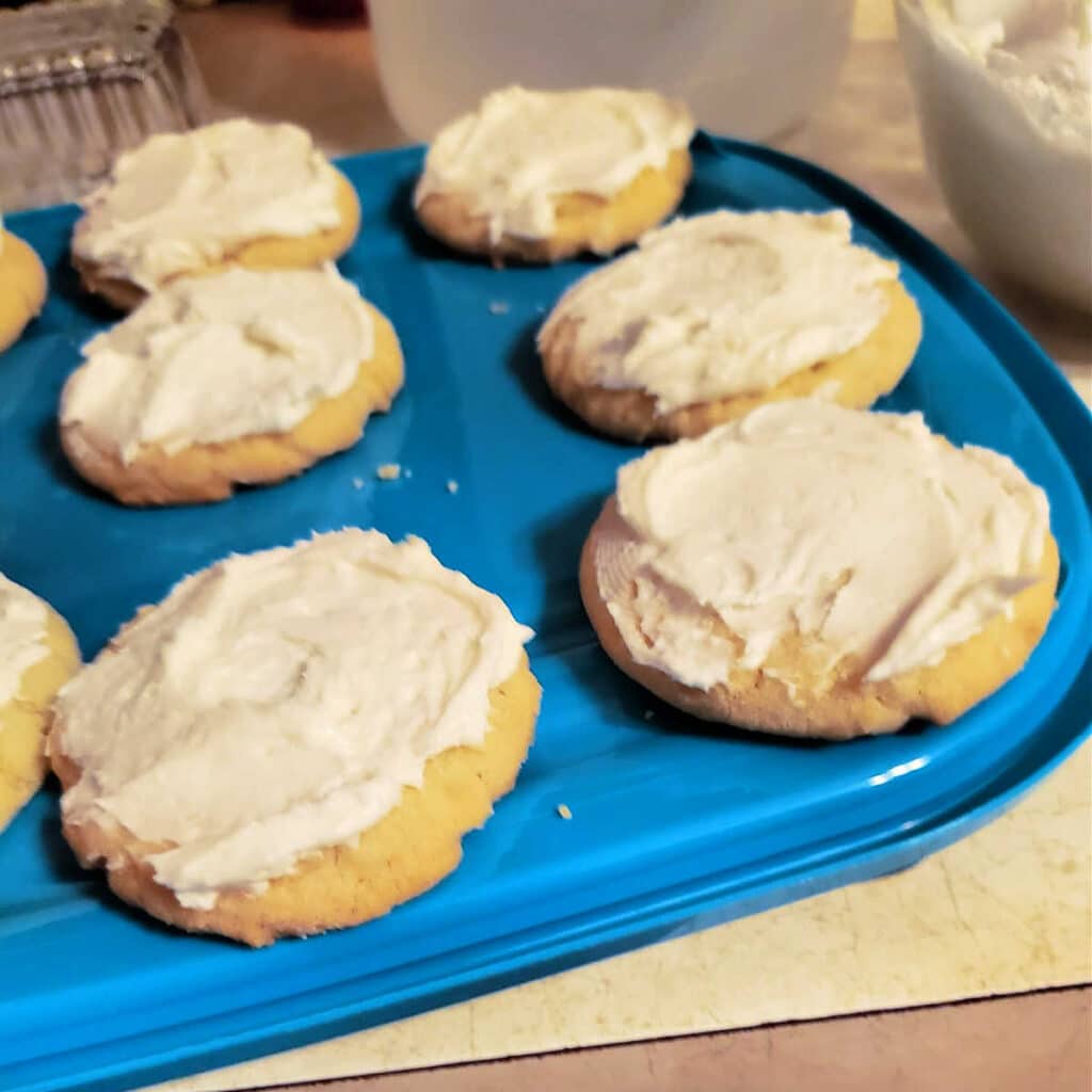 Six sugar cookies iced with white frostting on a blue, plastic lid.