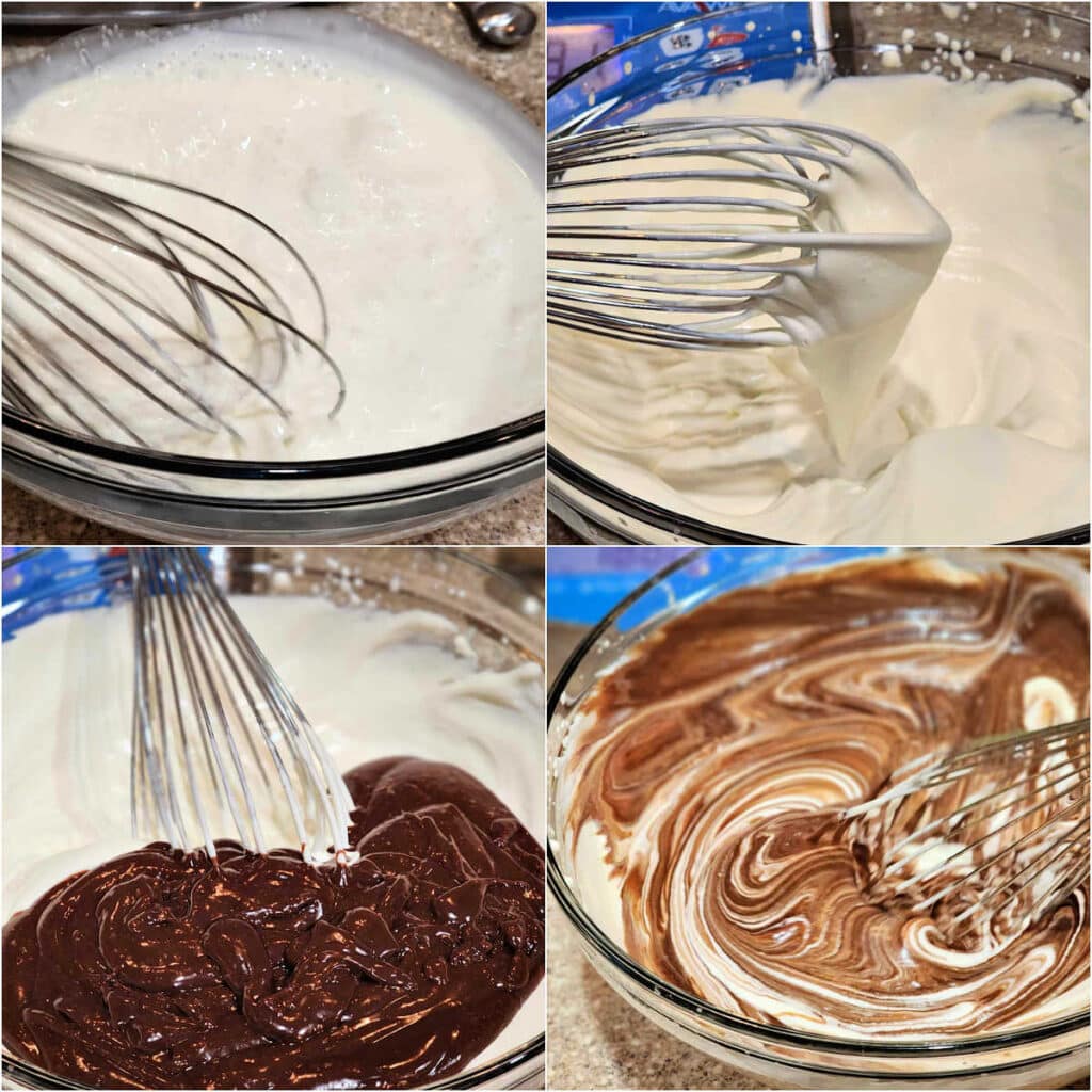 A collage of four images: 1)Whisking heavy cream in a large glass bowl, 2)the cream whipped to soft peaks, 3)The chocolate custard scraped into the bowl of whipped cream, and 4)Whisking the two mixtures together to completel the mousse.