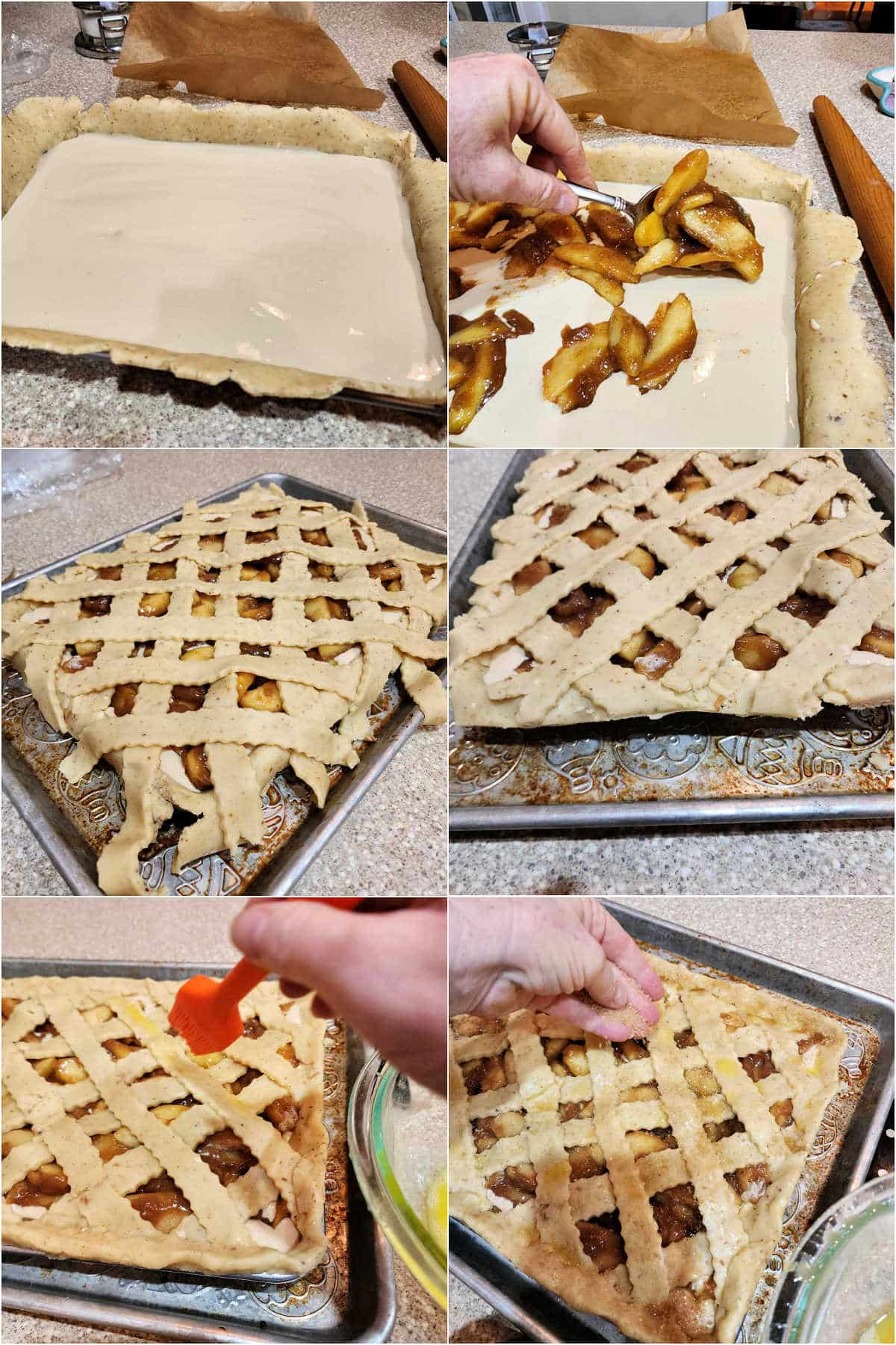 A collage of six images showing assembling an apple custard pie. 1)The custard filling in the lined pan. 2)Adding cooked apples on top of the custard. 3)Strips of dough arranged in a lattice over the fruit with edges hanging over the pan. 4)All the edges of the dough neatly trimmed and folded in. 5)Eggwashing the curst. 6)Sprinkling the crust with coarse sugar.