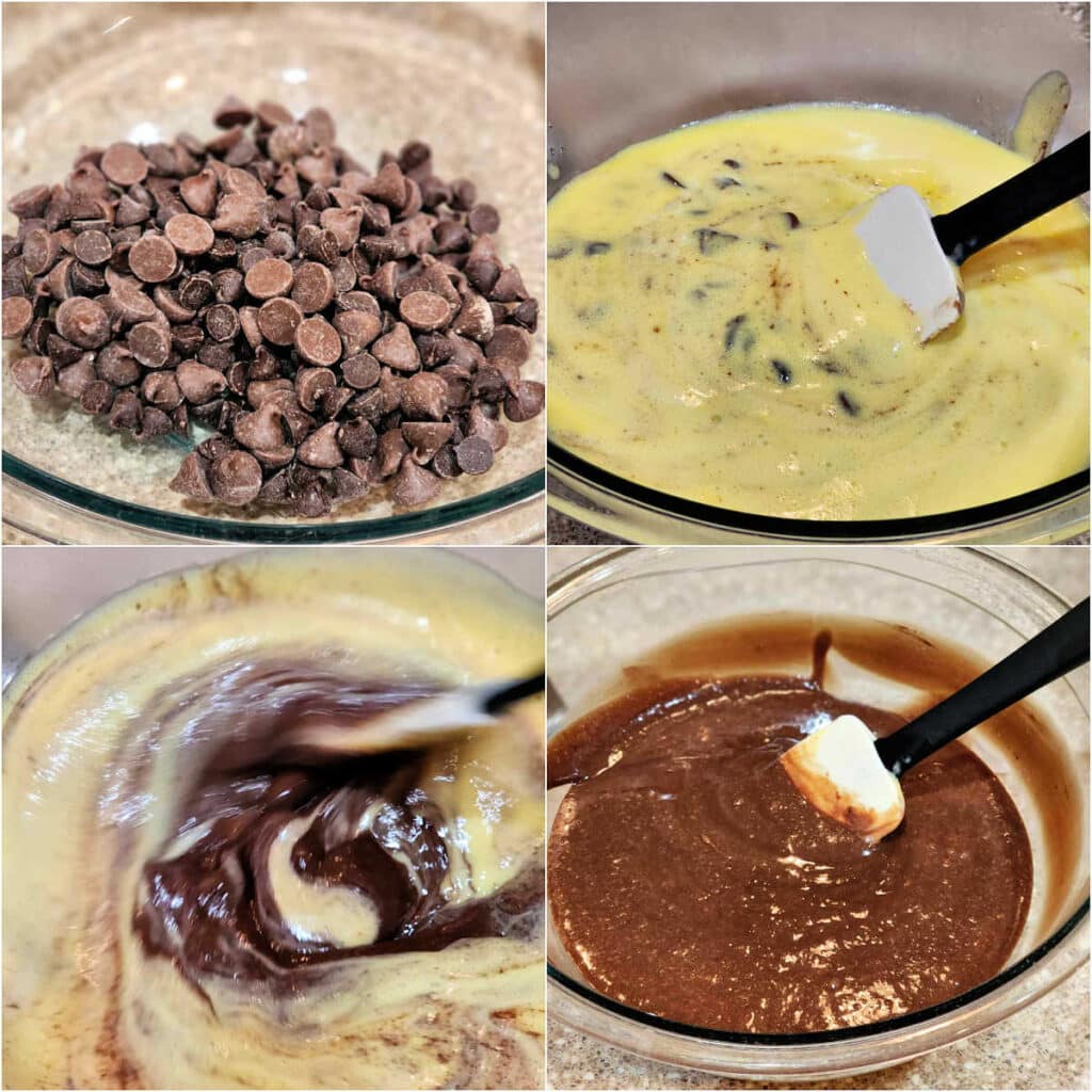 A collage of 4 images: 1)A glass bowl of dark and milk chocolate chips, 2)Custard poured into the bowl of chocolate chips, 3)Stirring the hot custard into the chips, and 4)The completed, dark chocolate custard.
