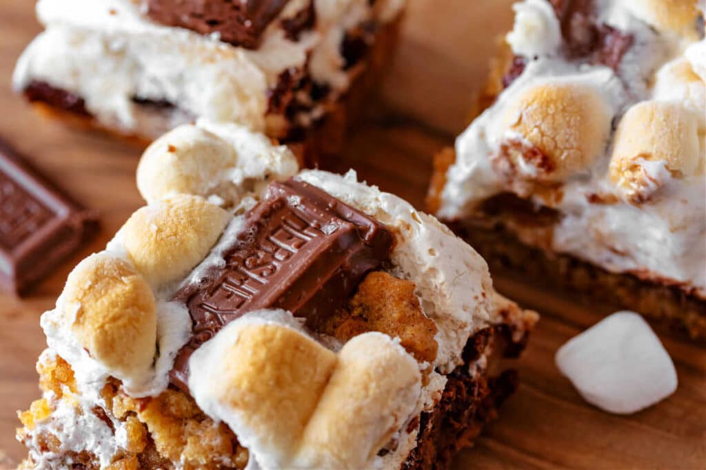 Close up of the tops of s'mores bars with toasted marshmallows on top.
