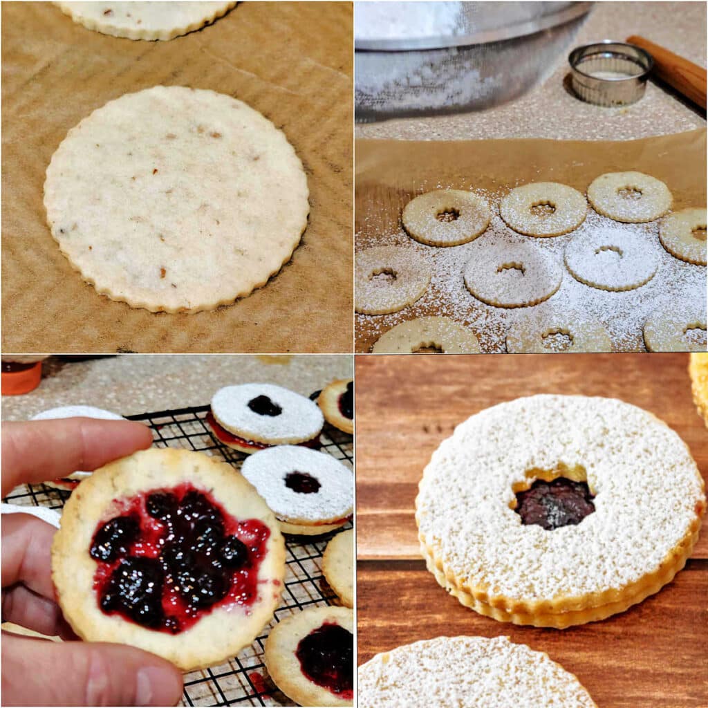 A collage of four images showing baked cookies, the tops of Linzers being sprinkled with powdered sugar, filling the cookies with jam and then completed cookies.