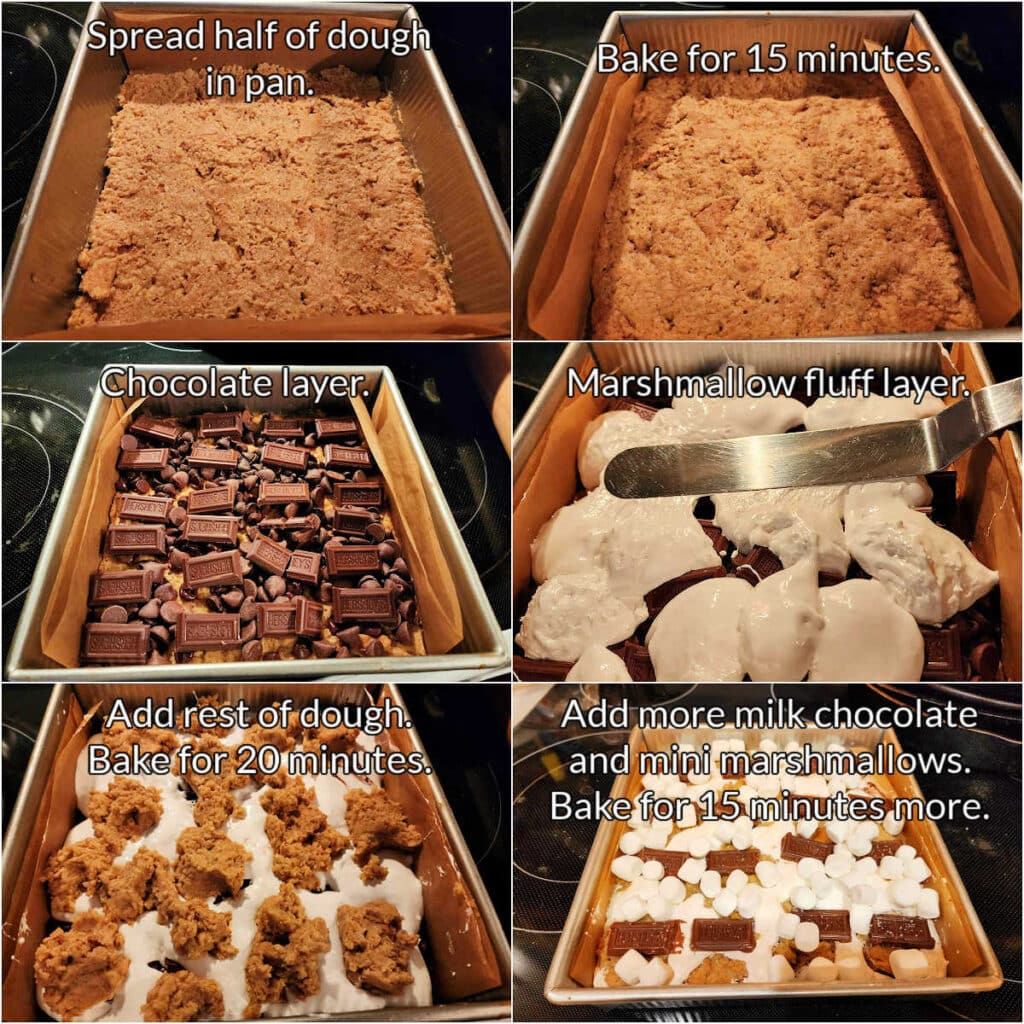 A collage of six images showing the layering of the ingredients for smores bars: dough spread in the pan, baked dough, dough with chocolate chips and chocolate bar pieces on it, spreading marshmallow cream onto the chocolate layer, dots of more Graham dough on top, and then mini marshmallows and more chocolate bar pieces added halfway through baking.