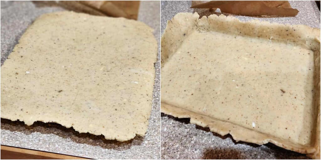 A collage of 2 images showing lining a rectangular pan with nut dough.