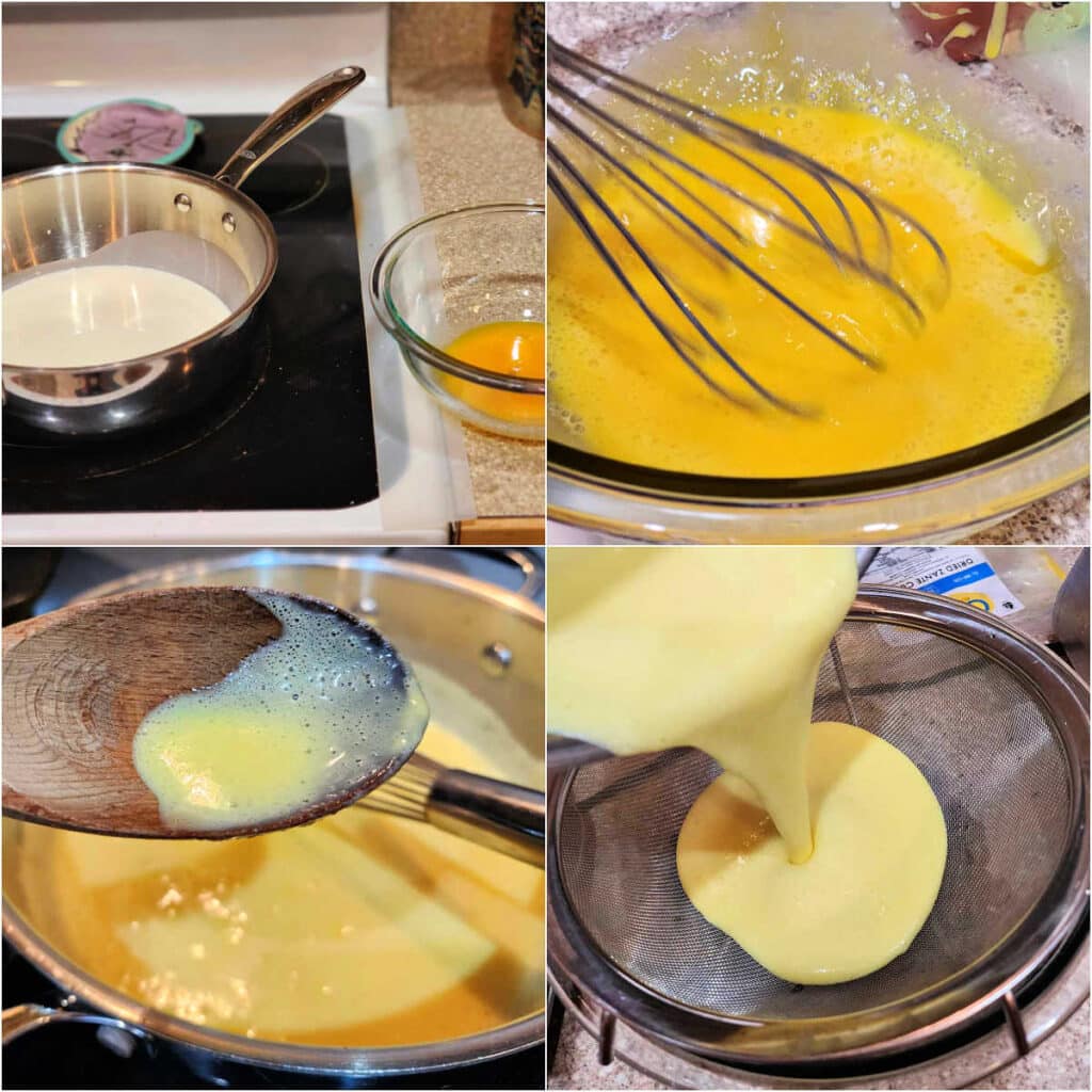 A collage of 4 images showing how to make custard. 1)A pot of cream, milk, sugar, and corn syrup on the stove next to a glass bowl of egg yolks, 2)Whisking hot dairy into egg yolks, 3)Thickened custard on a wooden spoon, and pouring the custard through a fine mesh strainer into a glass bowl of chocolate.