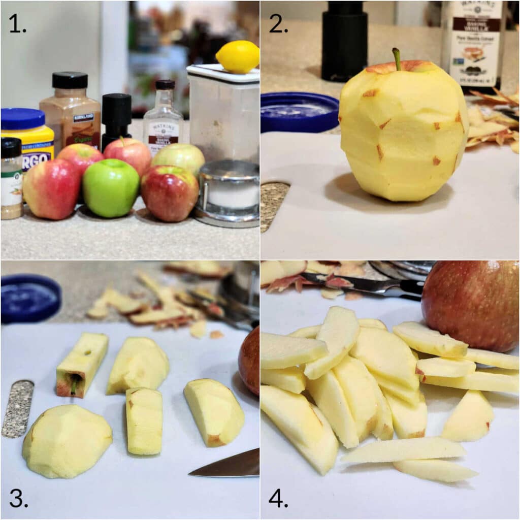 A collage of 4 images. One shows all the ingredients needed for the apple filling, and the other 3 show how to peel whole apples and cut them for the filling.