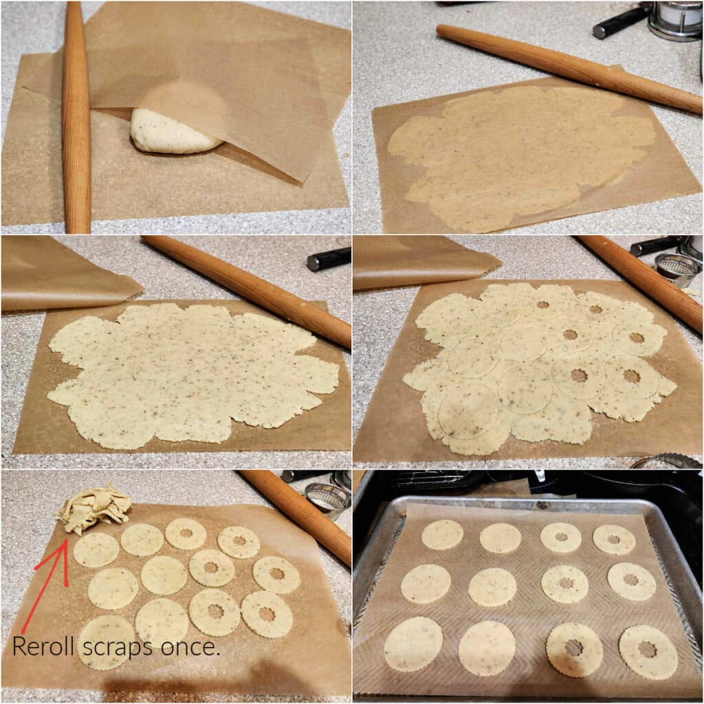 A collage of six images showing how to roll out Linzer cookie dough between parchment, cut it out with cutters, and arrange on baking sheets.
