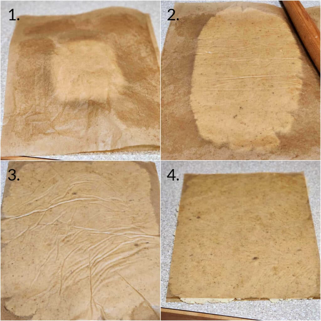 A collage of 4 images showing rolling dough between 2 sheets of beige parchment paper. In each phot, the dough is rolled ever larger until it reaches all the edges of the parchment.