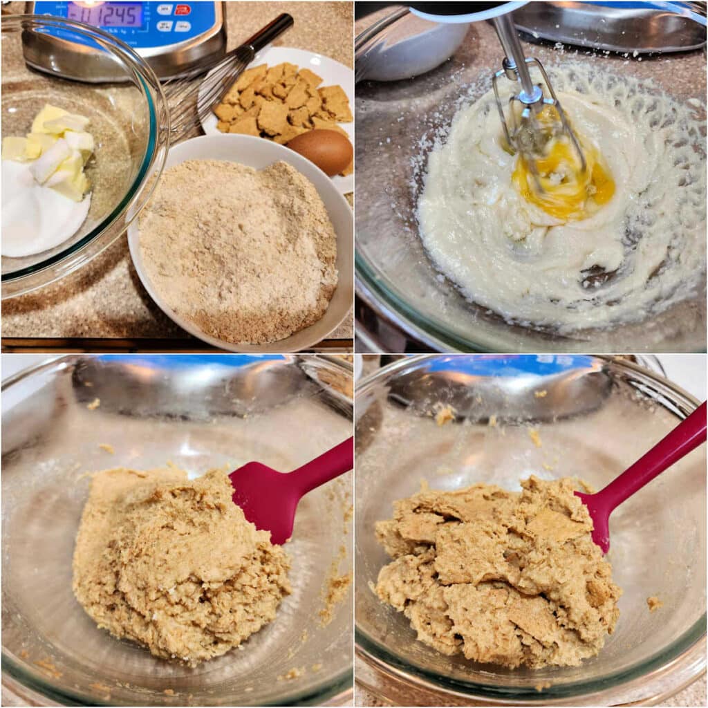A collage of 4 images showing how to make Graham cracker dough: All the ingredients in different bowls, mixing egg into a butter and sugar mixture, The dough all mixed together, and the dough with large pieces of broken Graham cracker folded in.