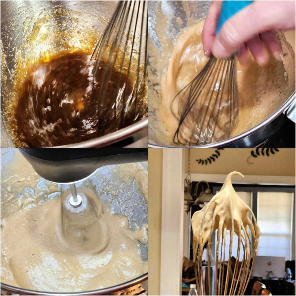 A collage of 4 images showing how to make Swiss meringue: 1)whisking brown sugar and egg whites together in a metal bowl. 2)Whisking the whites to lighten them. 3)Whipping the heated whites and sugar with a hand mixer to increase the volume. 4)Brown sugar meringue holding medium-stiff peaks on a whisk.