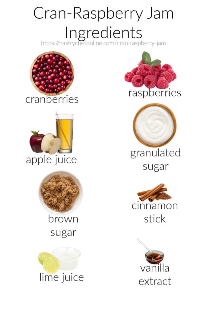 All the ingredients needed to make cran-raspberry jam: cranberries, raspberries, apple juice, granulated sugar, brown sugar, cinnamon stick, lime juice, and vanilla.