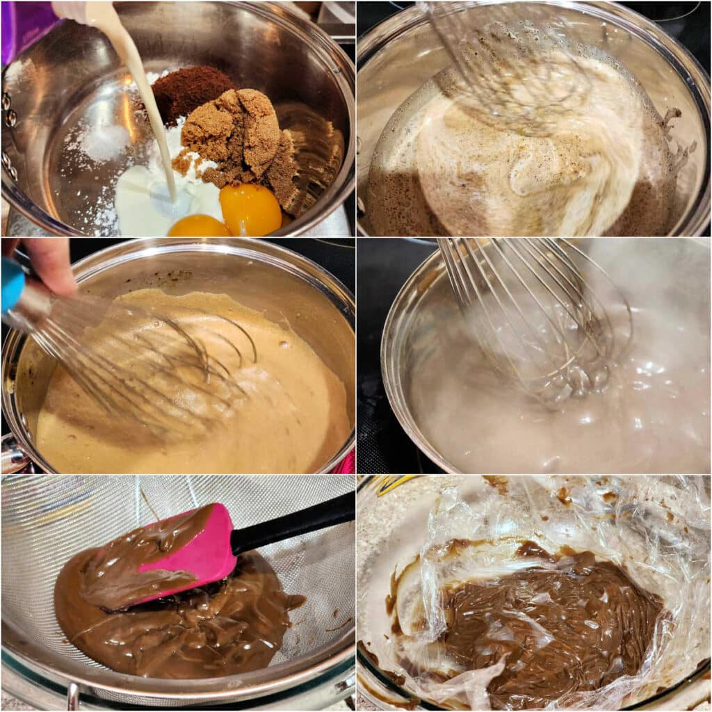 A collage of 6 images showing how to make chocolate mousse: adding all the ingredients to the pan, 3 shots to show the custard thickening as it cooks and eventually boils, then pressing the custard through a fine-mesh strainer and then pressing plastic wrap on top to prevent a skin from forming.