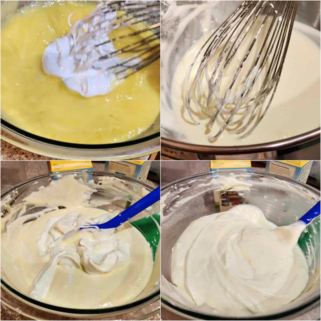 A collage of 4 images: 1)whisking Swiss meringue into lemon curd. 2)whipping heavy cream with a whisk. 3)Folding the whipped cream into the curd/meringue mixture. 4)The finished mousse in a glass bowl, ready to be portioned into servings.