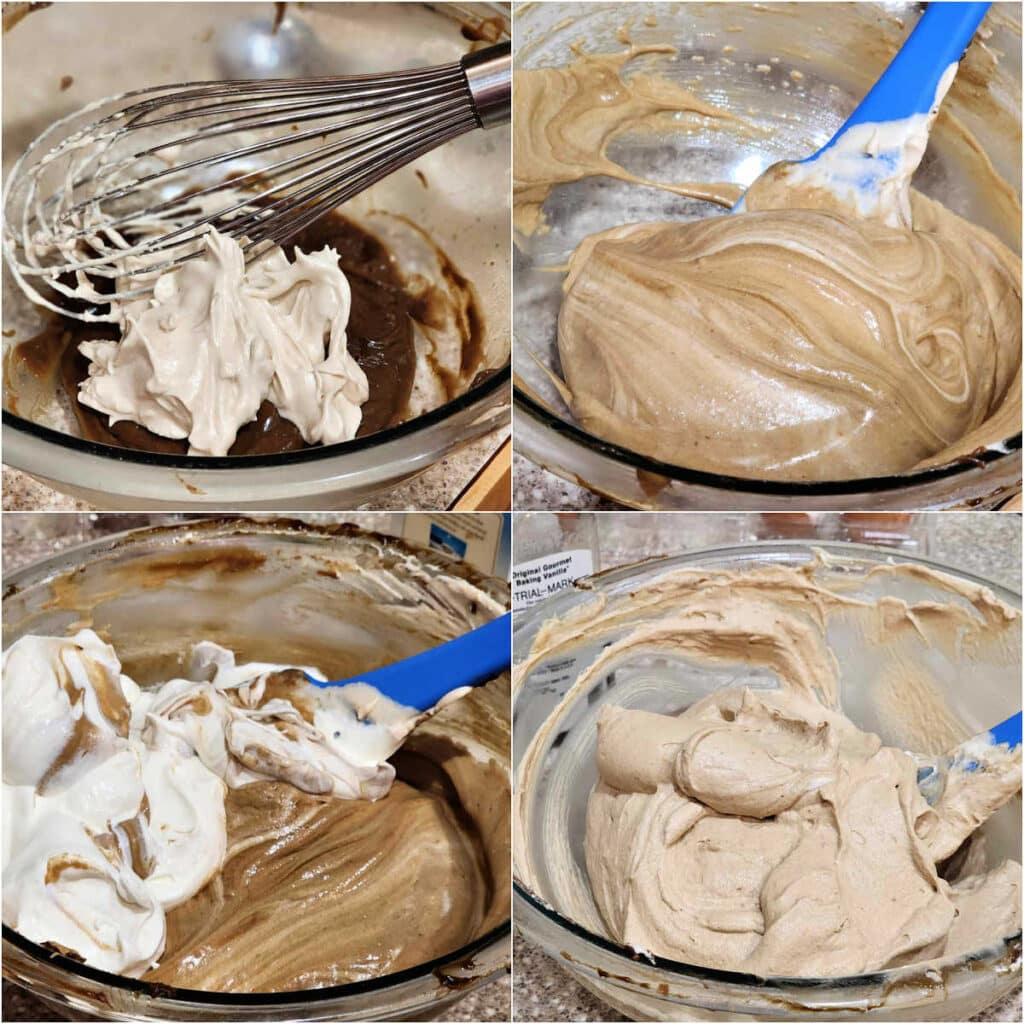 A collage of four images: 1)Folding meringue into coffee custard. 2)The mixture all folded together. 3)Adding whipped cream to the bowl of lightened custard to make the texture even lighter. 4)The finished mousse in a glass bowl. The texture is thick, light, and billowy.