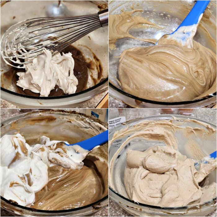 A collage of four images: 1)Folding meringue into coffee custard. 2)The mixture all folded together. 3)Adding whipped cream to the bowl of lightened custard to make the texture even lighter. 4)The finished mousse in a glass bowl. The texture is thick, light, and billowy.