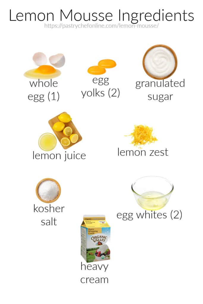 All the ingredients needed to make lemon mousse: whole egg (1), egg yolks (2), granulated sugar, lemon juice, lemon zest, kosher salt, egg whites (2), and heavy cream.