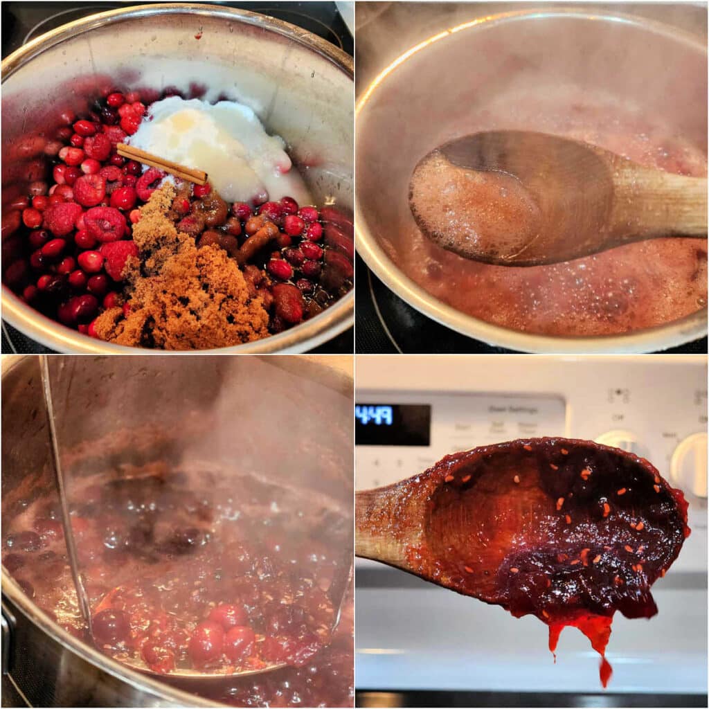 A collage of 4 images showing how to make jam. 1)Cranberries, raspberries, sugar, brown sugar, lemon juice, and apple juice in a pan. 2)A wooden spoon with scummy bubbles in it that have been skimmed off the boiling jam in a pan below. 3)Using a potato masher to mash the berries in the jam right in the pan. 4)A closeup of the bowl of a wooden spoon with cranberry jam dropping off the side of it.