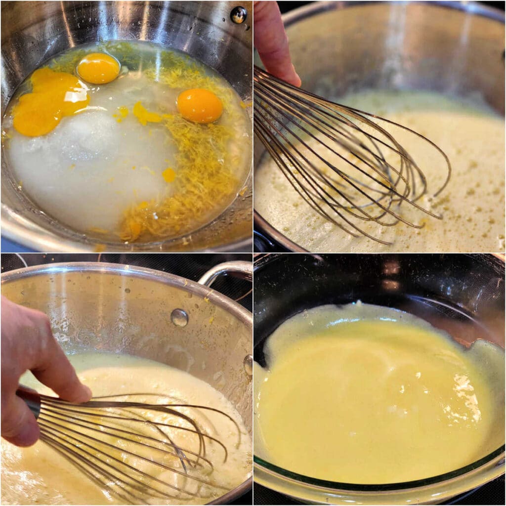 A collage of 4 ingredients showing how to make lemon curd: Egg, egg yolks, sugar, salt, lemon juice and lemon zest in a sauce pan. Whisking the mixture so it's foamy. Continued whisking until it thickens and the foam dissipates, and the finished curd in a glass bowl.