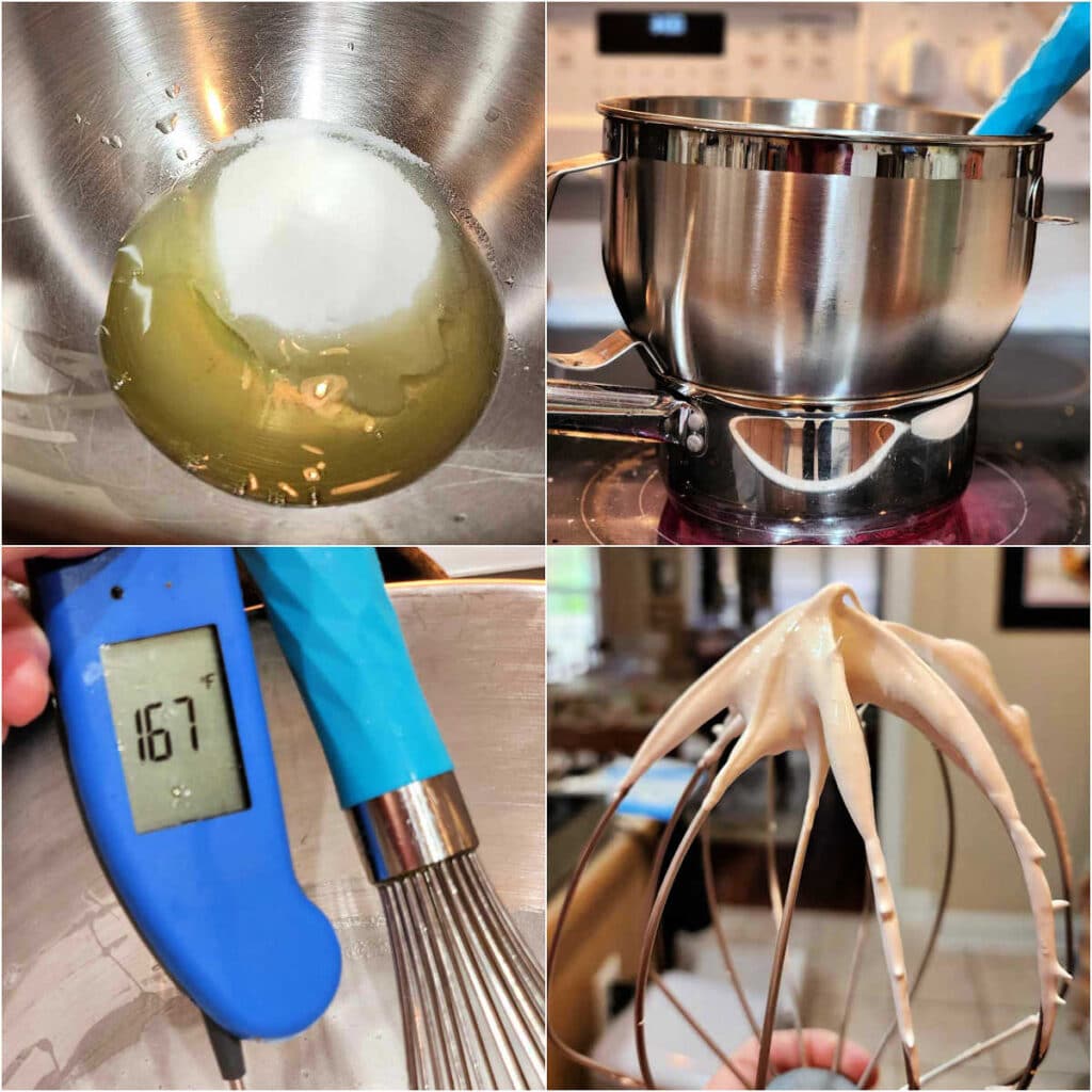 A collage of 4 images showing how to make Swiss meringue. 1)Egg whites and sugar in a metal bowl. 2)The metal bowl set over a saucepan on the stove with a whisk handle sticking out of the metal bowl. 3)An instant read thermometer showing the temperature 167F. 4)Swiss meringue holding medium-stiff peaks on the end of a whisk.
