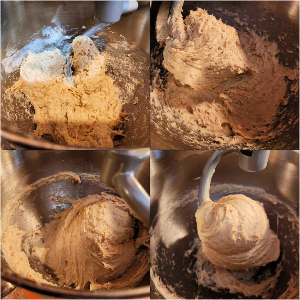 A collage of 4 images showing oatmeal bread dough at different stages of mixing. In each successive photo, the dough gets more smooth as it's kneaded in the bowl utnil it is smooth and shiny with minimal sticking on the sides of the bowl and just a bit of sticking in the bottom of the bowl.