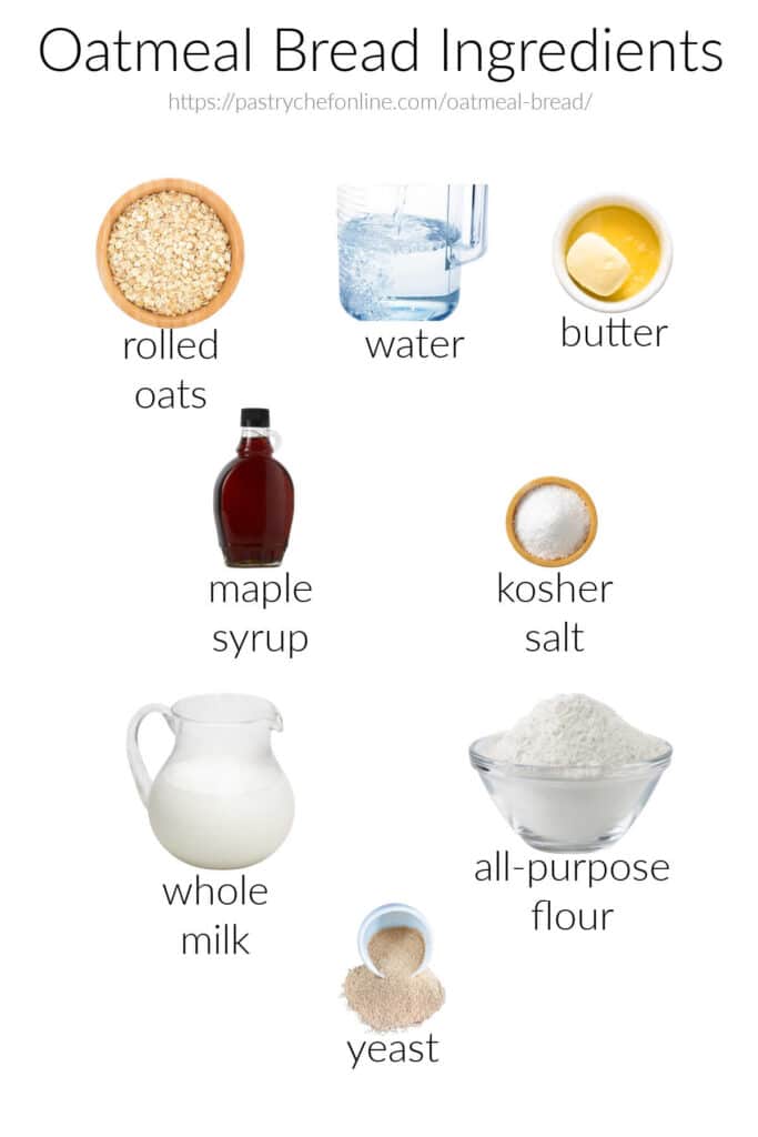 All the ingredients needed to make oatmeal bread: rolled oats, water, maple syrup, kosher salt, whole milk, all-purpose flour, and yeast.