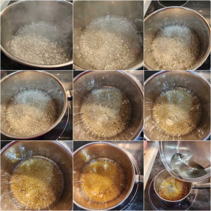 A series of 9 images of sugar boiling, showing how the color eventually darkens to a beautiful honey color. The last image shows pouring a hot simple syrup into the caramelized sugar to stop the cooking and set the color.