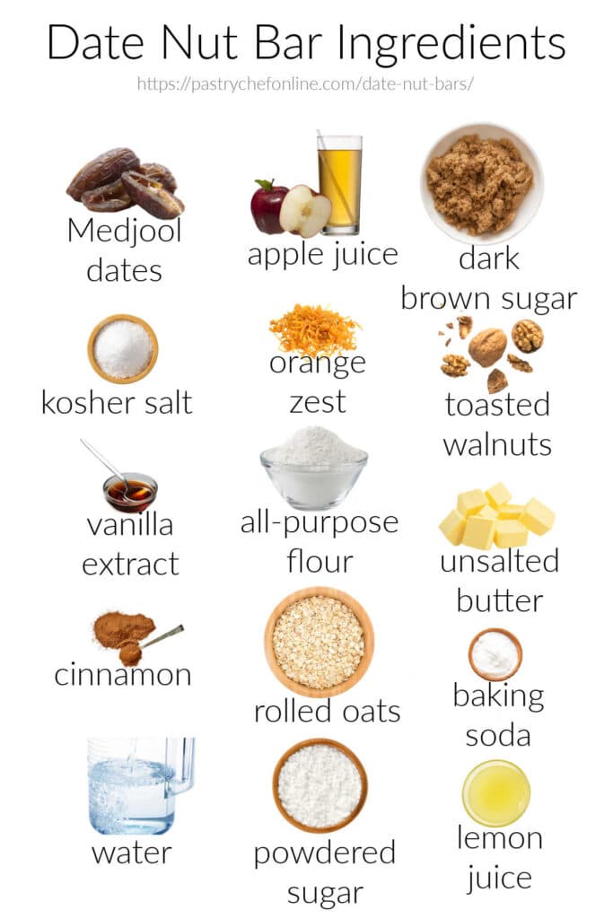 Labeled images of all the ingredients needed to make date nut bars: Medjool dates, apple juice, dark brown sugar, kosher salt, orange zest, toasted walnuts, vanilla extract, all-purpose flour, unsalted butter, cinnamon, rolled oats, baking soda, water, powdered sugar, and lemon juice.