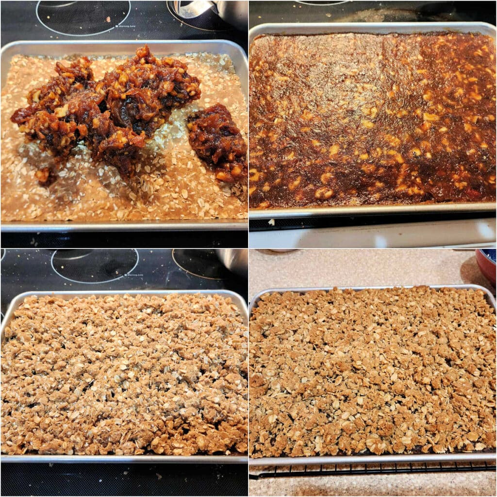 A collage of 4 images showing how to assemble your bar cookies: 1)Date nut filling in the middle of the unbaked, oatmeal crust in a pan. 2)The date-walnut filling spread out evenly with a spatula to cover the entire crust in an even layer. 3)The rest of the oatmeal crust crumbled on top of the filling. 4)The baked bars with golden brown oatmeal crust on top.