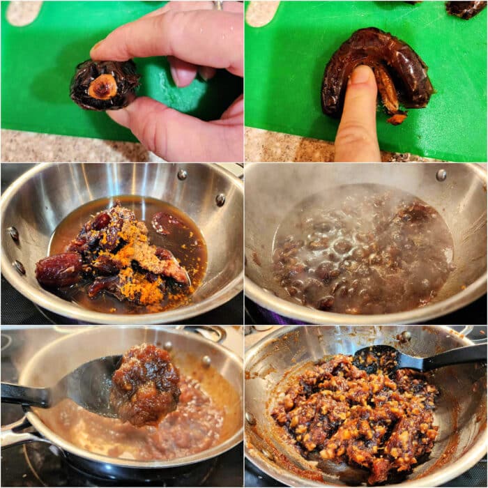 A collage of six images showing how to make the filling for date nut bars: 1)A whole date on a green cutting board. 2)A finger pressing into the date to easily remove the seed. 3)Pitted dates, brown sugar, apple juice, salt, and orange zest in a pan on the stove. 4)The date mixture at a slow boil in a pan. 5)The cooked filling in the pan with a spoonful of it held up to show the thick texture. 6)Date filling with chopped walnuts stirred into cooling in a pan.