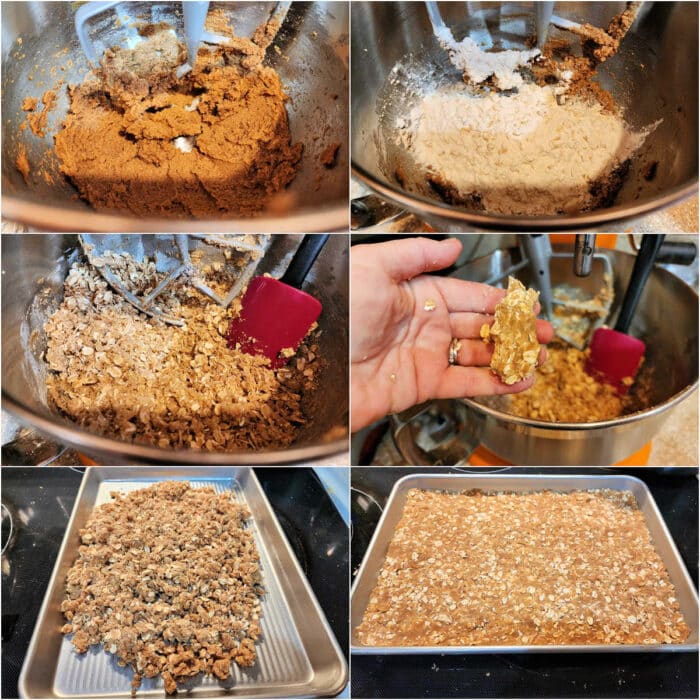 A collage of 6 images showing how to make the oatmeal crust and press it into your pan: 1)Creamed dark brown sugar, butter, salt, and cinnamon in the bowl of a stand mixer. 2)Flour, oatmeal, and baking soda dumped on top of the creamed mixture. 3)The mixture all mixed up and looking very crumbly in the mixing bowl. 4)A hand holding some crust mixture that has been squeezed together and is holding its shape. 5)Some of the oatmeal mixture dumped into a 9x13" metal baking pan. 6)The crust mixture pressed evenly and firmly into the pan and covering the whole bottom in an even layer.