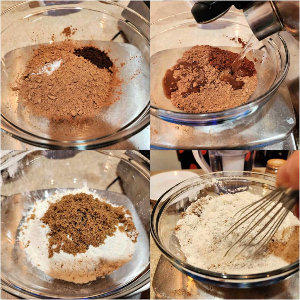 A collage of 4 images: 1)Cocoa powder, instant coffee, and salt in a glass bowl. 2)Boiling water being poured over the cocoa powder mixture. 3)Another glass bowl with all-purpose flour, brown sugar, and baking powder. 4)A whisk whisking the dry ingredients together.