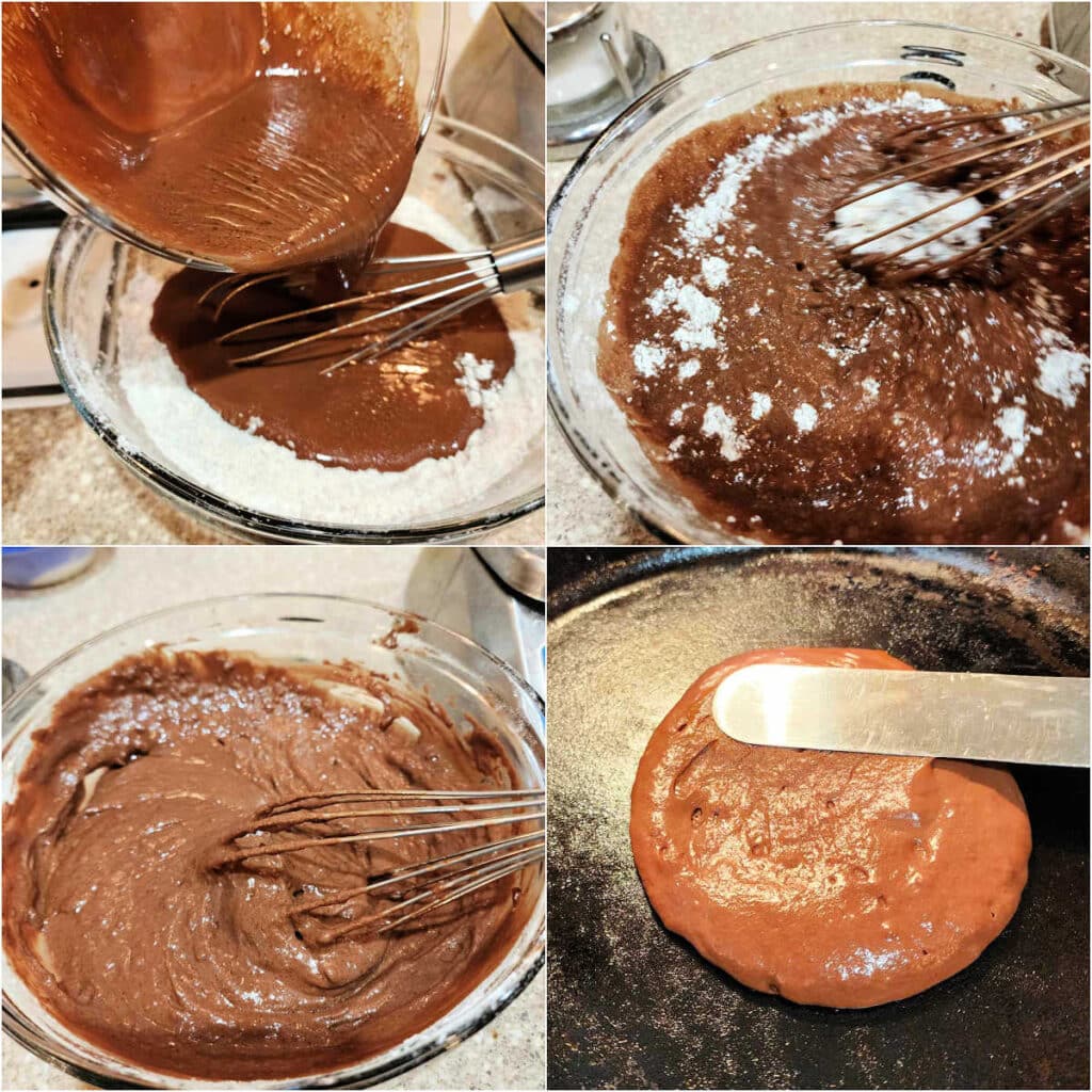 A collage of 4 images: 1)A bowl of chocolate brown liquid being poured into the whisked flour, brown sugar, and baking powder mixture in a glass bowl. 2)Whisking the batter together. There are still some dry patches of flour in the bowl. 3)The batter completely mixed together. There are some lumps, and it is a very thick batter.