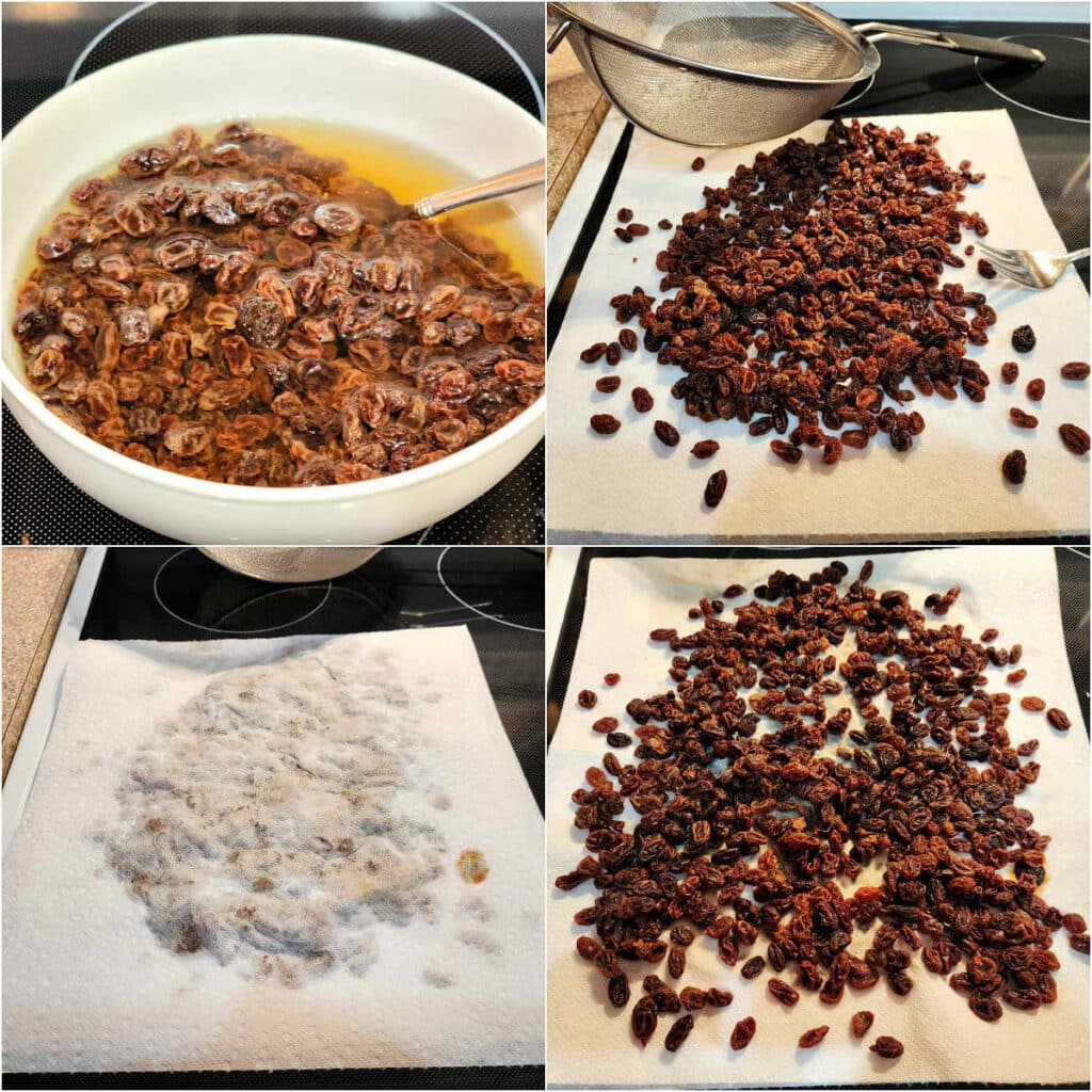 A collage of 4 images showing how to plump up raisins: 1)Raisins soaking in a white bowl of boiling water. 2)The raisins drained through a fine mesh strainer and turned out onto 2 layers of paper towel. 3)Another piece of paper towel pressed down on top of the damp raisins to dry the outsides as much as possible. 4)The drained and dried raisins spread out on the paper towels.