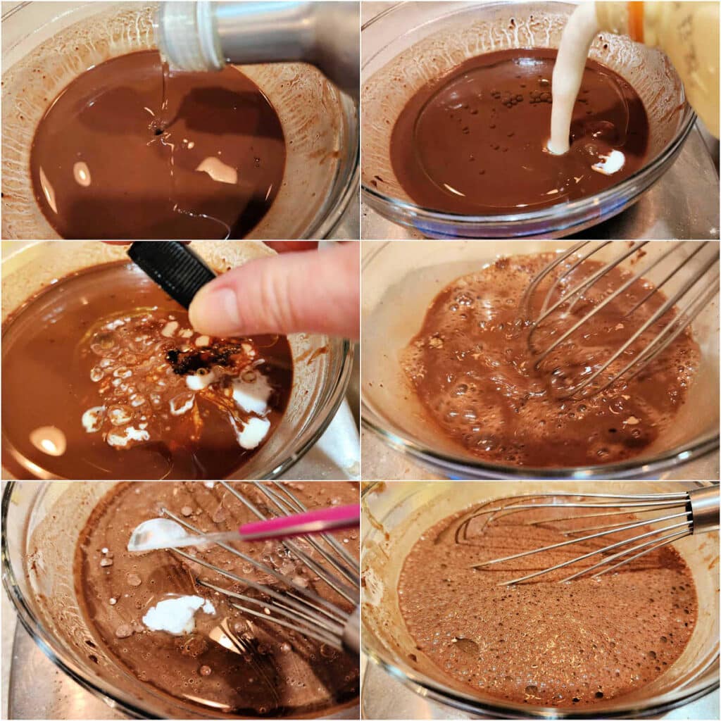 A collage of 6 images: 1)A small glass bowl of thin, chocolate liquid with vegetable oil being poured into it. 2)The same bowl with buttermilk being poured into it. 3)A hand tipping a capful of vanilla extract into the bowl of liquid. 4)Whisking all the wet ingredients together. 5)Adding a little bit of baking soda to the bowl. 6)The chocolate mixture with the baking soda whisked in. The mixture is very bubbly.