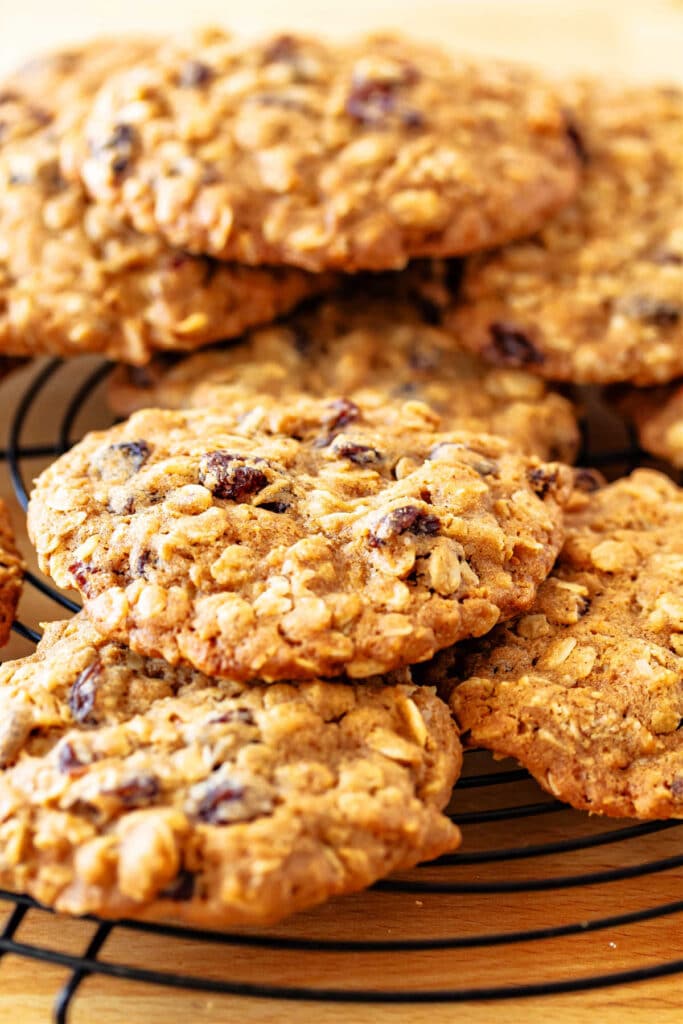 A close-up of large, thick and chewy oatmeal raisin cookies on a circular rack.