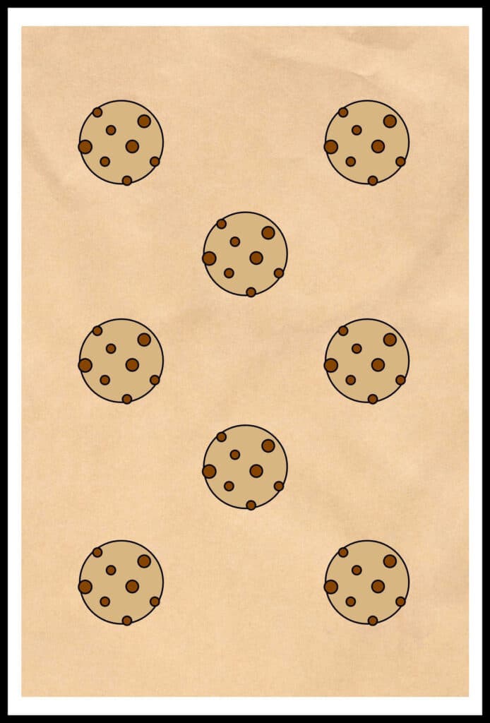 A diagram of a sheet pan with 8 balls of dough on it, two columns of 3 cookies each and one column, staggered in the center, of 2 cookies to allow maximum space for spreading.