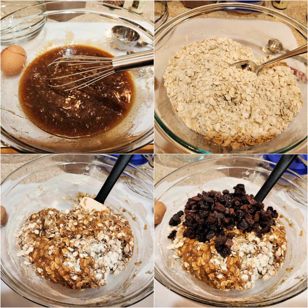 A collage of four images showing how to make oatmeal cookie dough: 1)A glass bowl with dark, viscous liquid (browned butter, dark brown sugar, brown sugar, spices, and flavorings) with a whisk in it. 2)A bowl of flour, rolled oats, and leavening all whisked together. 3) The dry ingredients partially stirred into the wet ingredients. 4)The raisins added to the bowl but not yet stirred into the dough.