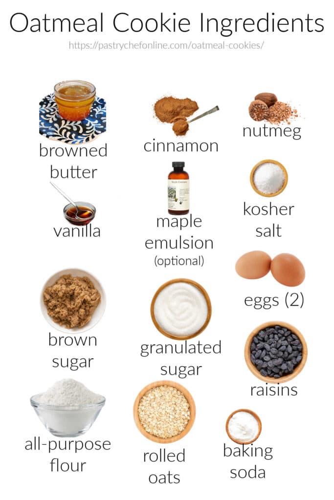 Labeled images of the ingredients needed to make oatmeal raisin cookies: browned butter, cinnamon, nutmeg, vanilla, maple emulsion (optional), kosher salt, brown sugar, granulated sugar, egg (2), all-purpose flour, rolled oats, baking soda, and raisins.