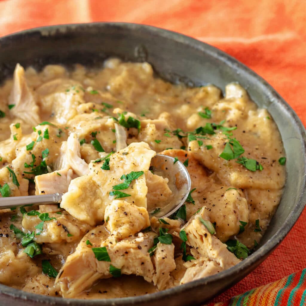 A close up, overhead view of a bowl of leftover turkey with flat dumplings made with leftover stuffing. The dish is sprinkled with Italian parsley.