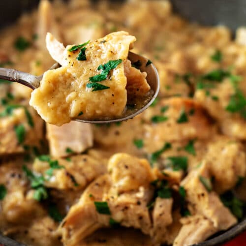 A very close-up shot of a spoon with a bite of turkey and a flat dumpling made of stuffing held over an out-of-focus bowl of more turkey and dumplings.