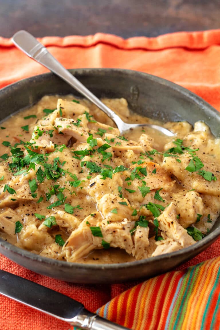 A shot of a wide, shallow bowl of turkey and dumplings with a spoon in it.