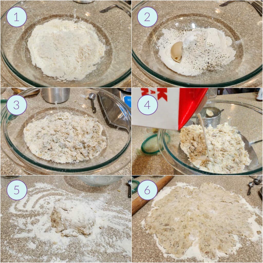 A collage of six images showing how to make and roll out flat dumplings with stuffing in them
