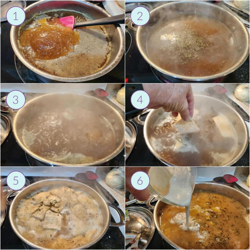 A collage of six images showing how to turn turkey stock into gravy and then cook dumplings in it.