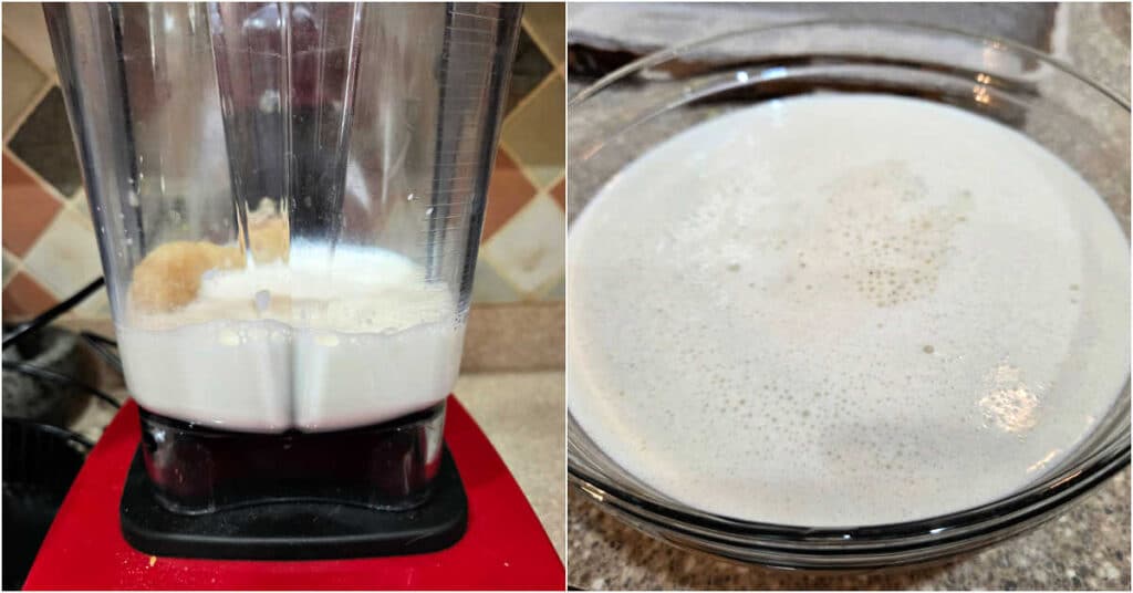 A collage showing blending roasted banana with milk in preparation for making banana pudding.
