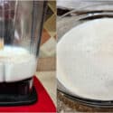 A collage showing blending roasted banana with milk in preparation for making banana pudding.