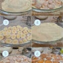 A collage of 6 images showing the layering of fluffy banana pudding components in a casserole dish.